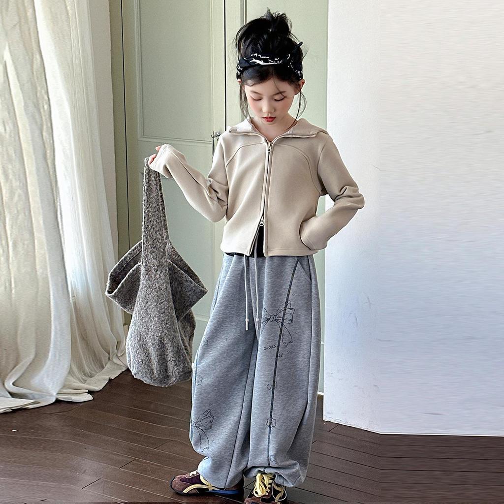 2025 Girls' Spring/Autumn Cardigan & Wide-Leg Pants Set - Hooded Casual Two-Piece Outfit