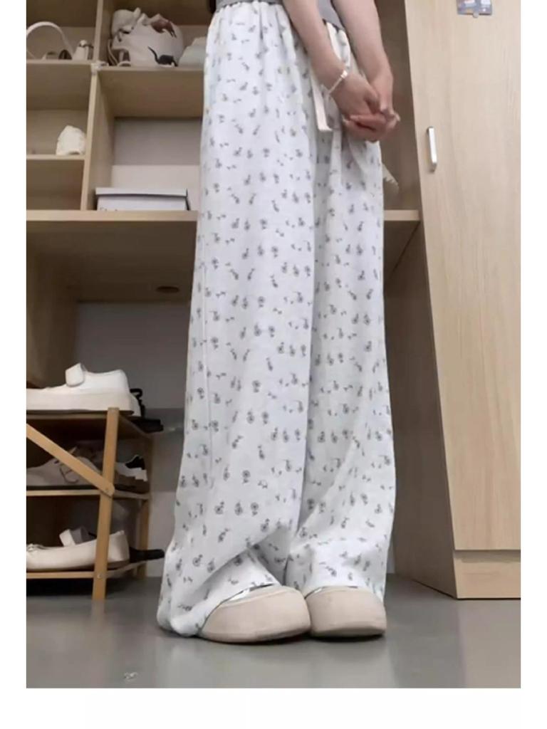 2025 Petite High-Waisted Floral Straight-Leg Summer Pants for Women - Floor-Length, Loose Slimming Fit