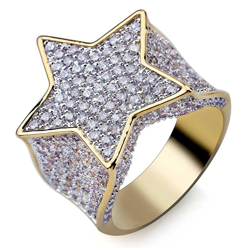 European & American Five-Pointed Star Men's Ring: Gold-Plated with Zirconia, Trendy Hip Hop Accessory