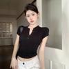 Summer New American Button-down Semi-open Neck Short-sleeved T-shirt Women's Top Slim-fitting Pleated Short Bottoming Shirt Tide