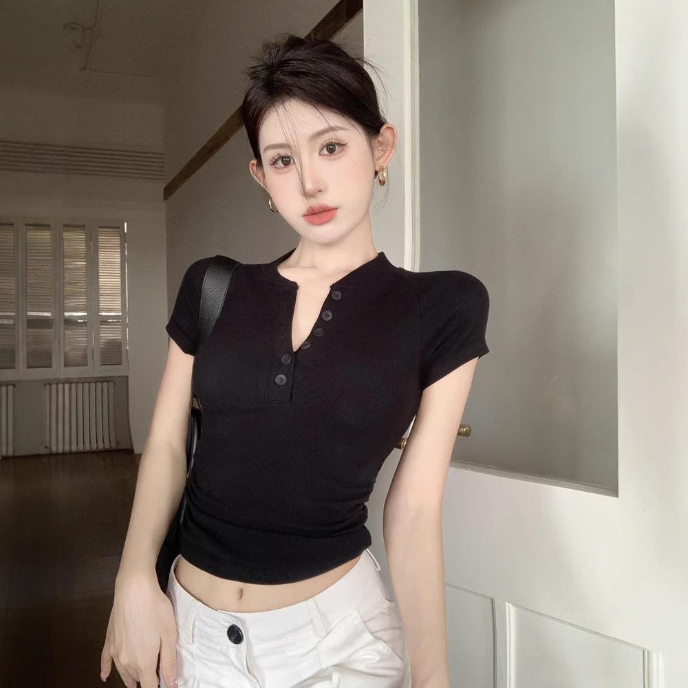 Summer New American Button-down Semi-open Neck Short-sleeved T-shirt Women's Top Slim-fitting Pleated Short Bottoming Shirt Tide