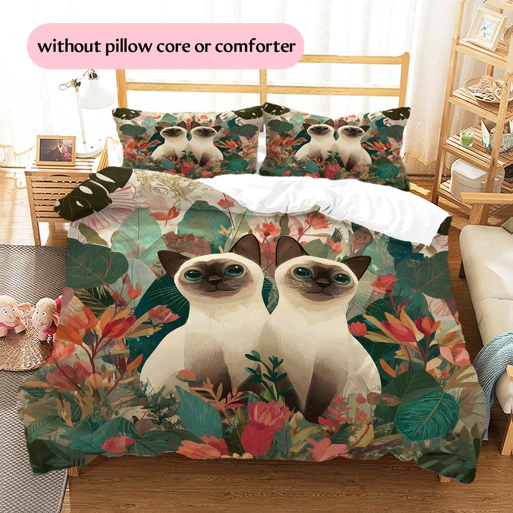 Siamese Cat and Plants Pattern Bedding Home Decoration Birthday Gift (1 * Duvet Cover + 2 * Pillowcase, Without Core)