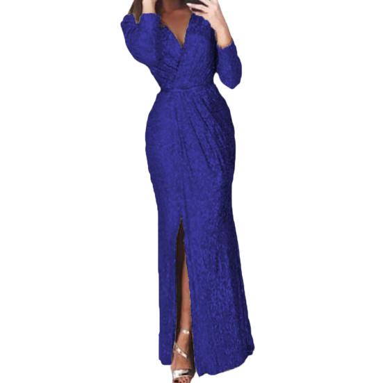 Spring Autumn Women Formal Dress Solid Color Deep V Neck Ruched High Waist