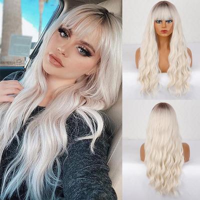 Long Wavy Wig with Bangs Women Fashion Ombre Light White Blonde Water Wave Wig for Daily Wear