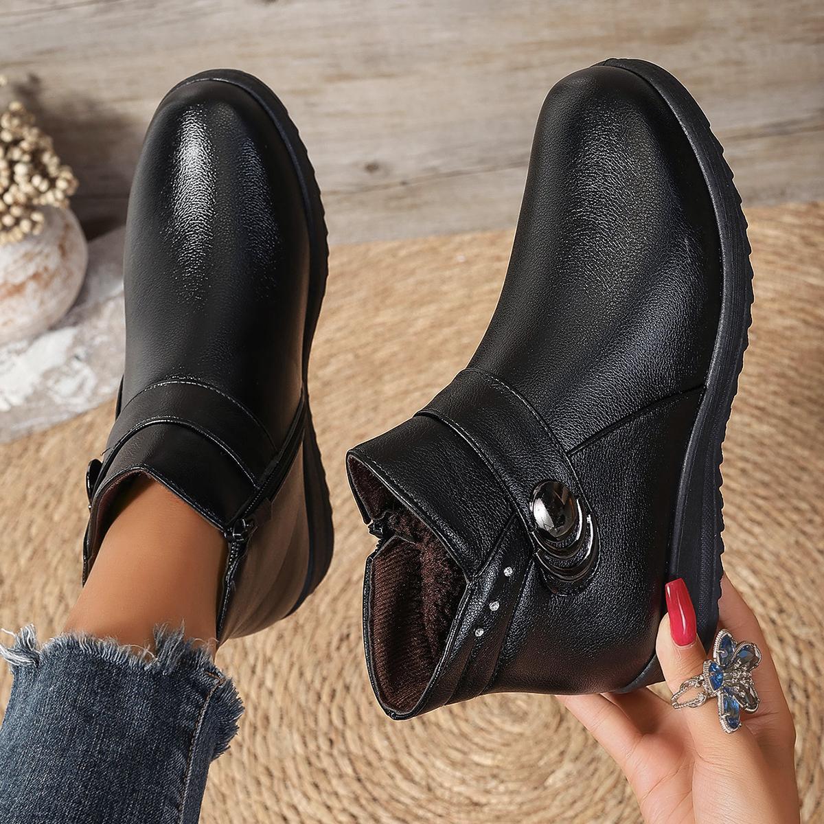 

Fashion 2024 Women Trend Metal Decoration Fashion Side Zipp Daily Boots Woman Outdoor Comfortable Round Toe Ankle Boots Shoes for Women 36 чёрный