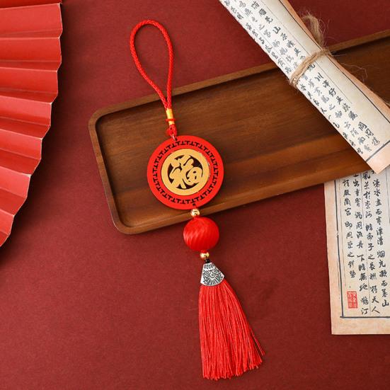 Décoration du Nouvel An Chinois Ornement Suspendu Rouge Traditionnel Pendentif Fu Porte-Bonheur avec Gland pour Fête du Printemps Maison Bureau Voiture Décoration d'Arbre