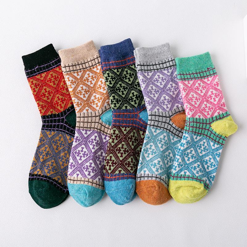 5 Pairs of New Winter Women's Rabbit Ethnic Style Wool Mid Calf Socks