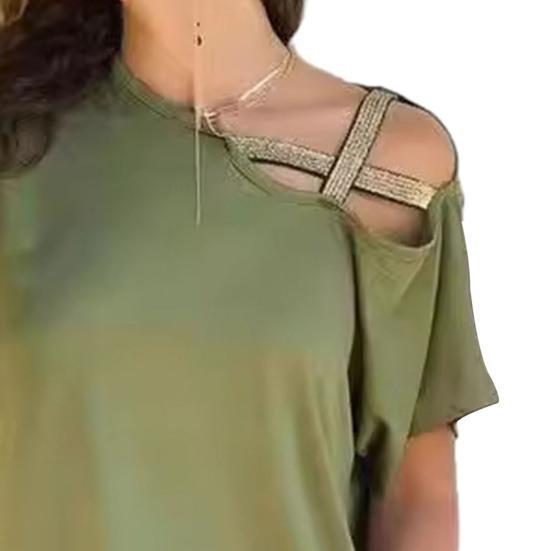 Women T-shirt Skew Collar Asymmetrical Tee Shirt Pure Off-Shoulder Design Color Loose Fit Summer Casual Pullover