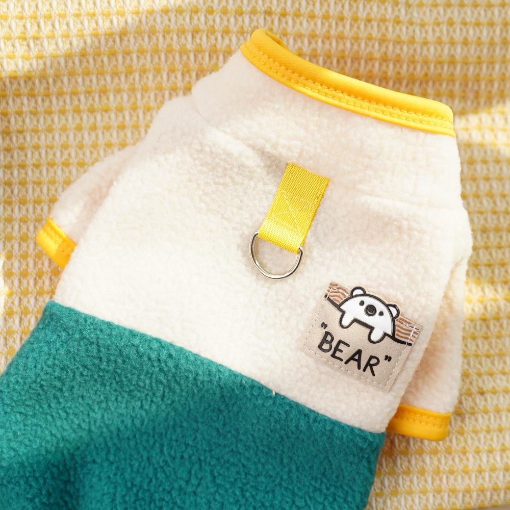 Warm Dog Jumpsuit Stand Collar Cartoon Bear Pattern Dog Four Legged Pants  Fleece with D Ring Puppy  Coat