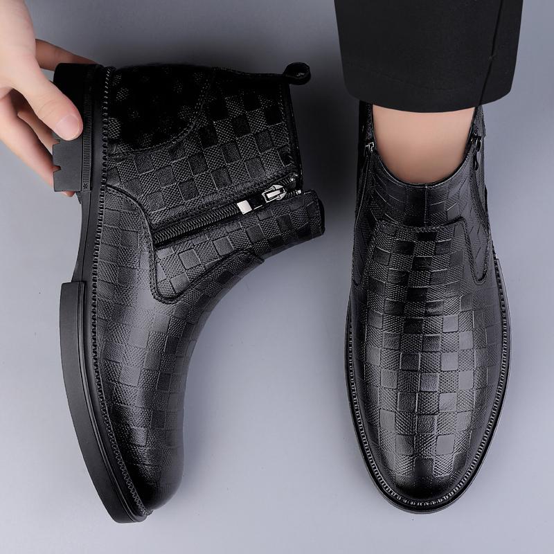 Fashion Side Zipper Man Winter Chelsea Boots Fur Warm Male Genuine Leather Shoes Luxury Brand Men Ankle Boots Handmade Business Footwear