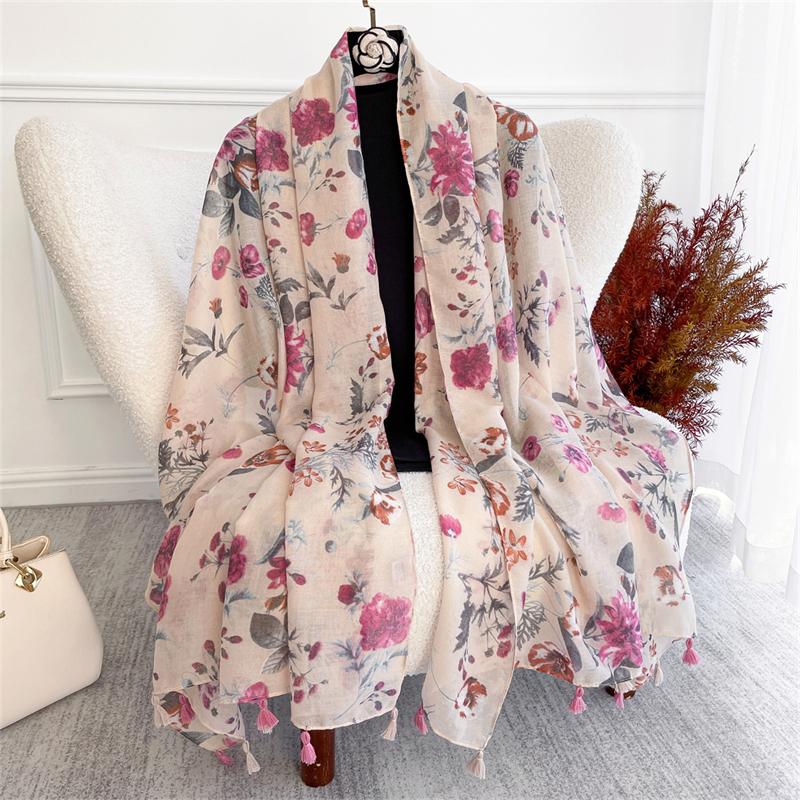 Luxury Lemon Print Cotton Scarf for Women Lady Floral Tassel Headscarf shawl Linen Handkerchief Wrap Ventilate Muslim Hijab