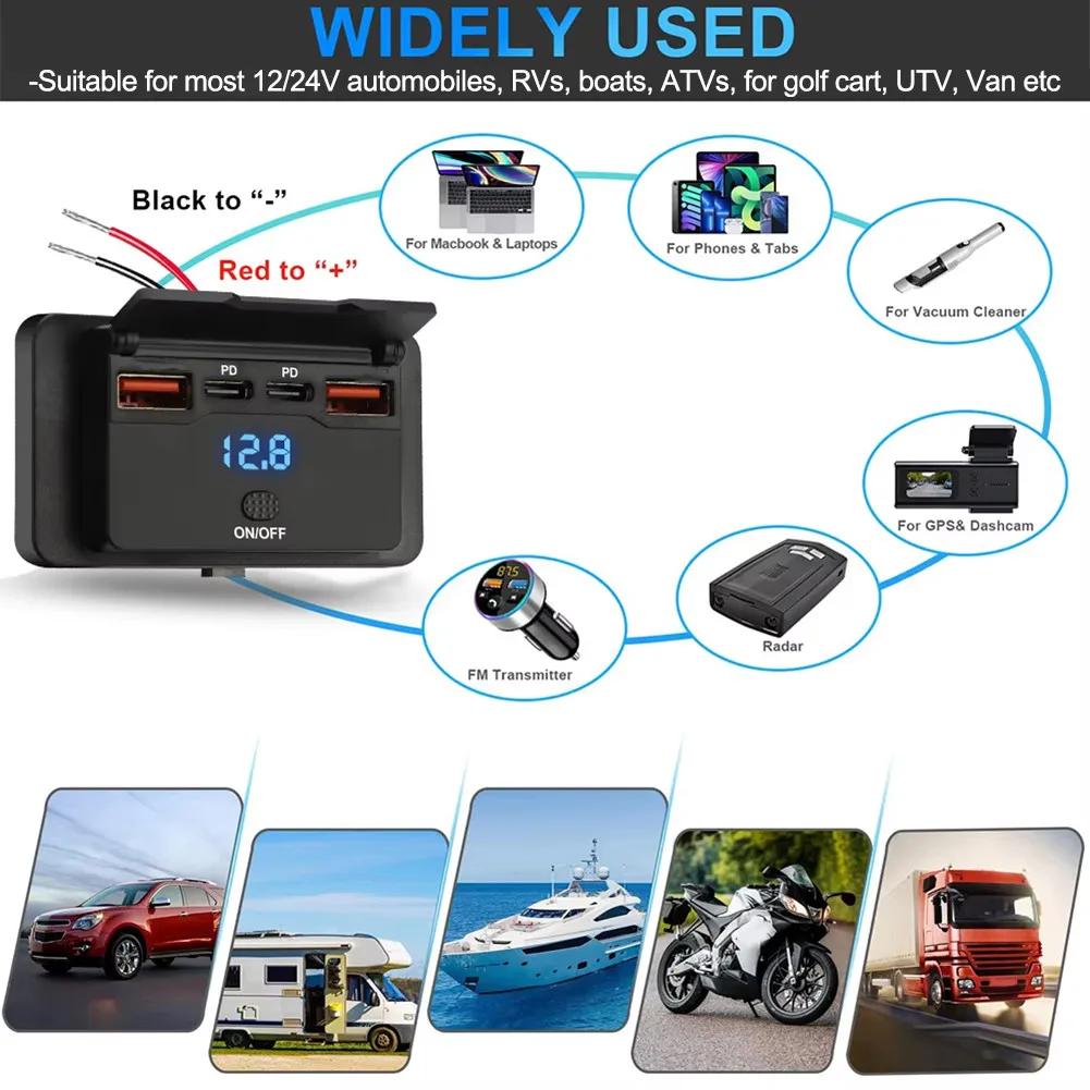 4-Port 12V RV USB Car Charger Panel, 108W Dual PD3.0 Fast Charging, 36W CompatibleQC3.0 Car Charger For Cars