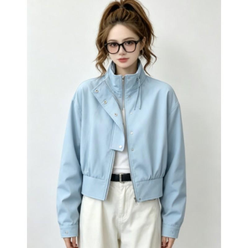Womens Stand Collar Zip-Up Short Utility Jacket 2026 Korean Style Loose Fit Casual Outerwear