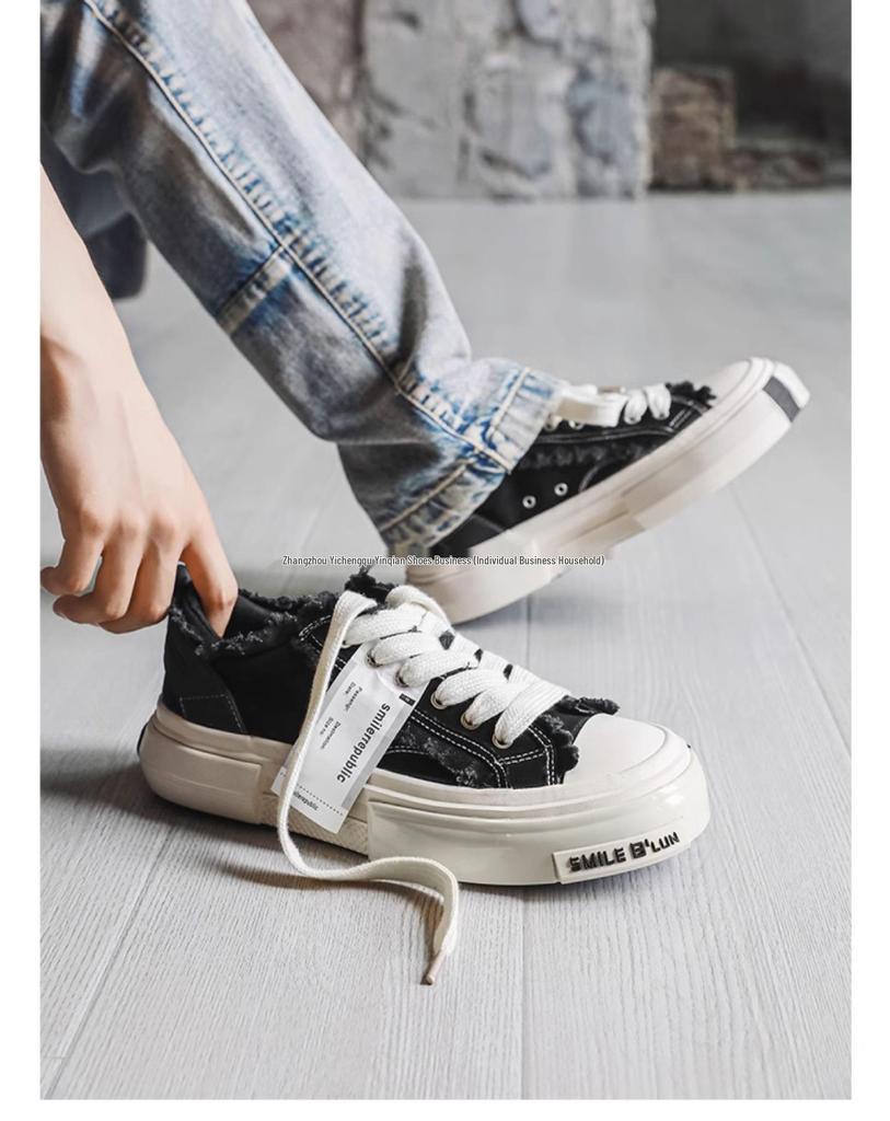 Herren Schwarze Sommer Canvas Plateau Sneaker: Atmungsaktive, höhenerhöhende, lässige Schuhe im amerikanischen Stil für Studenten