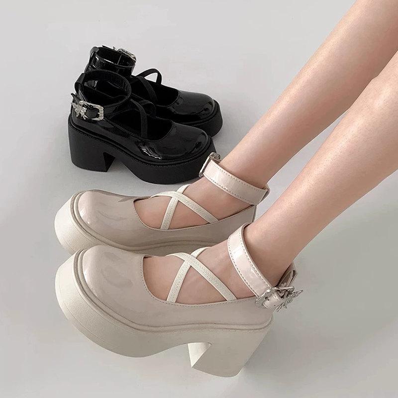 Fashion Metal ankle buckle High Heels Women Y2K Lolita shoes Chunky Platform Mary Jane Shoes Woman Thick Heel Gothic JK uniform shoes
