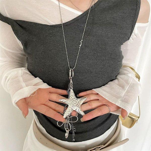 Double Layer Exaggerated Metal Big Starfish Pendant Necklace for Women Gothic Punk Crystal Beads Star Choker Y2K Party Jewelry