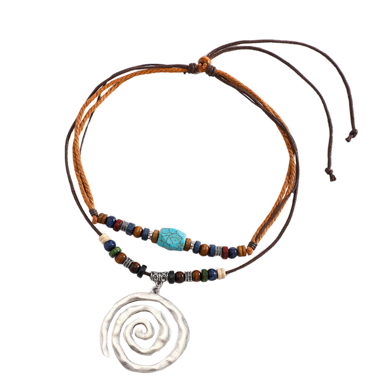 

Adjustable Rope Necklace Silver Geometric Charm and Wood Beads Neckchain Adjustable Length Clavicle Chain Jewelry A