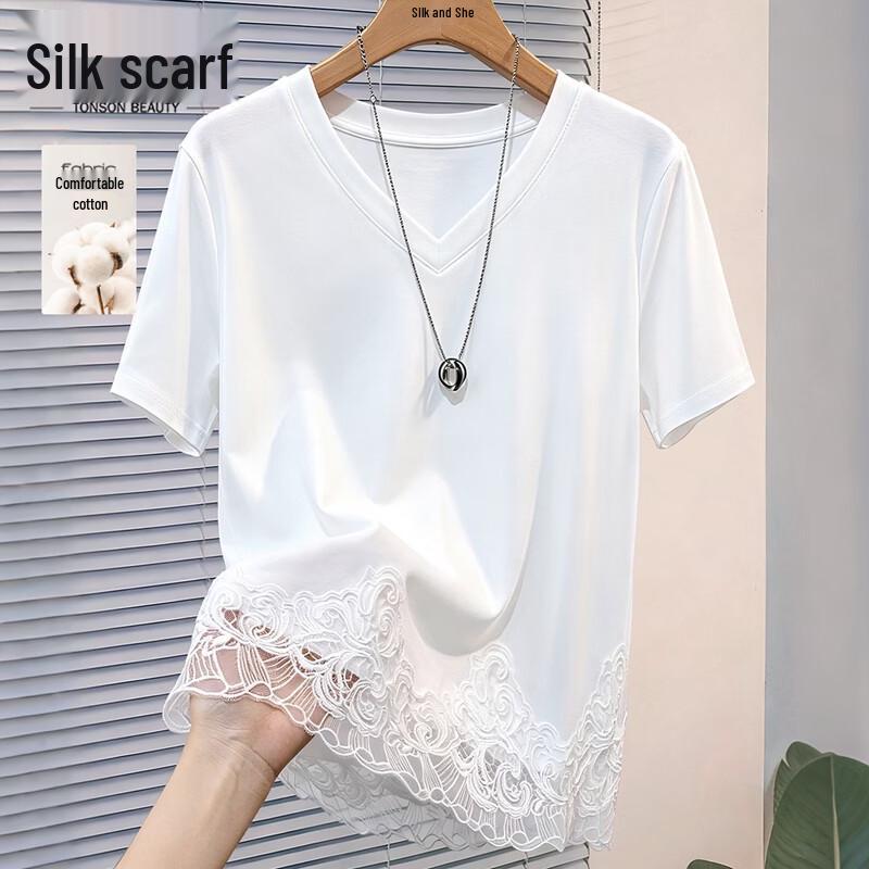Women s V-Neck Lace Splicing Short-Sleeve T-Shirt M
