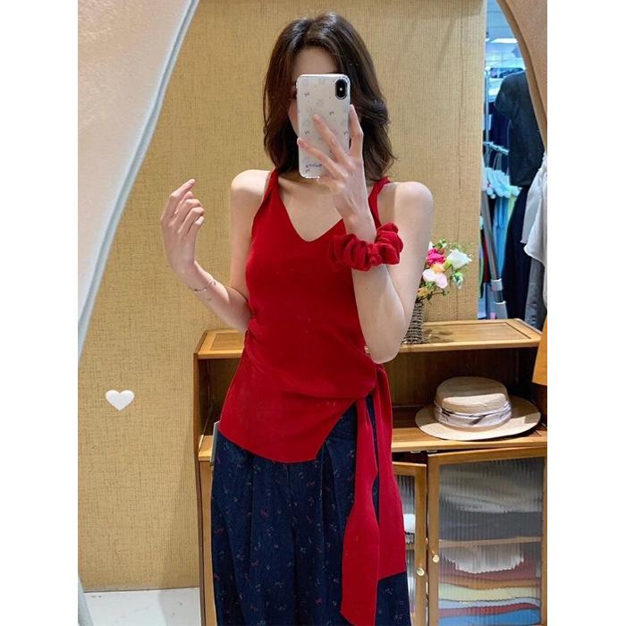 

Красная майка-топ на бретельках с V-образным вырезом для женщин: Уникальный топ в гонконгском стиле на весну/лето/осень One Size красный