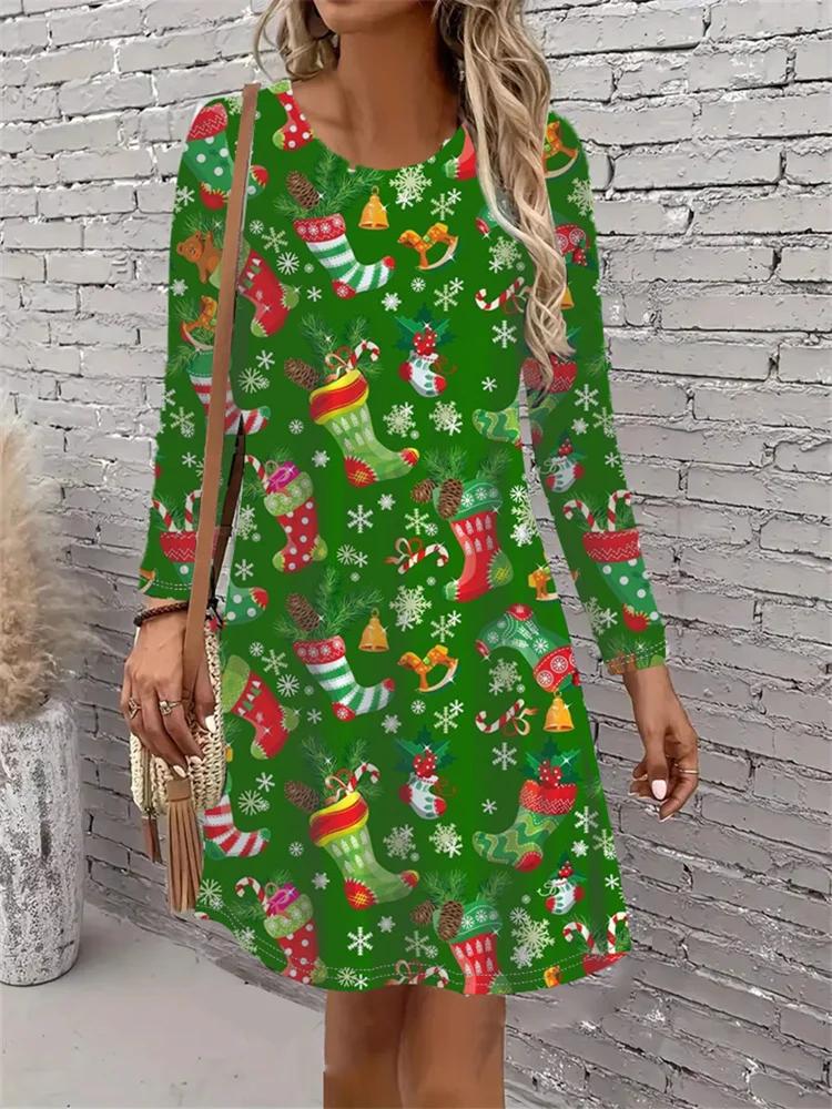 New Year Party Women Dress Christmas Robe Casual Long Sleeve O-Neck Loose A-Line Dress