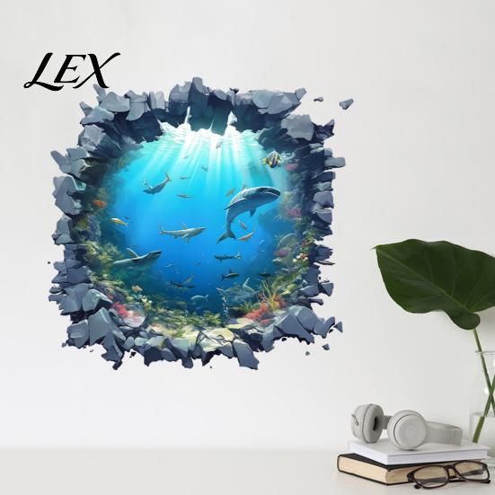 Removable PVC Wall Decor Underwater Shark Sticker, Realistic 3D Ocean View Decal, Waterproof Peel And Stick Window Clings Mural for Living Room