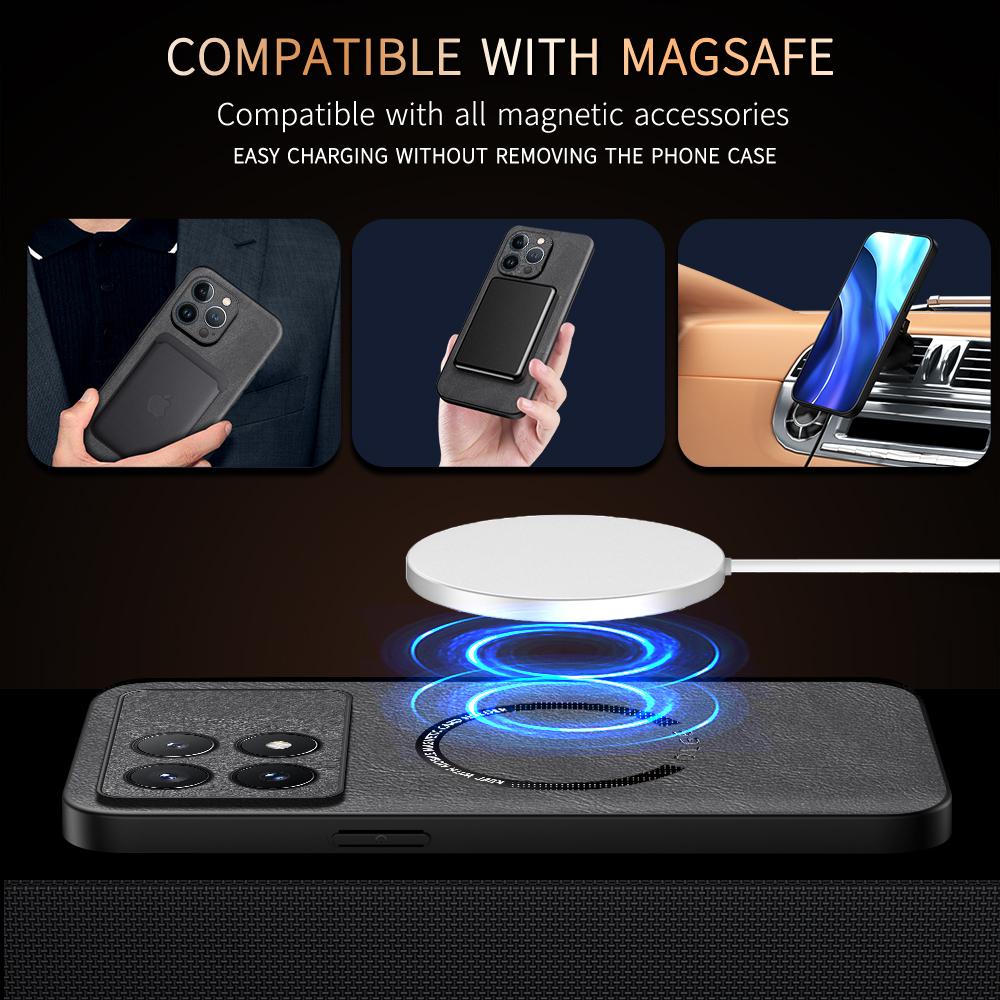 Luxury Leather Magnetic Magsafe Case for POCO X6 X5 Pro F5 Pro C65 M6 Car Mount Case Silicone Shockproof Full Protection Cover