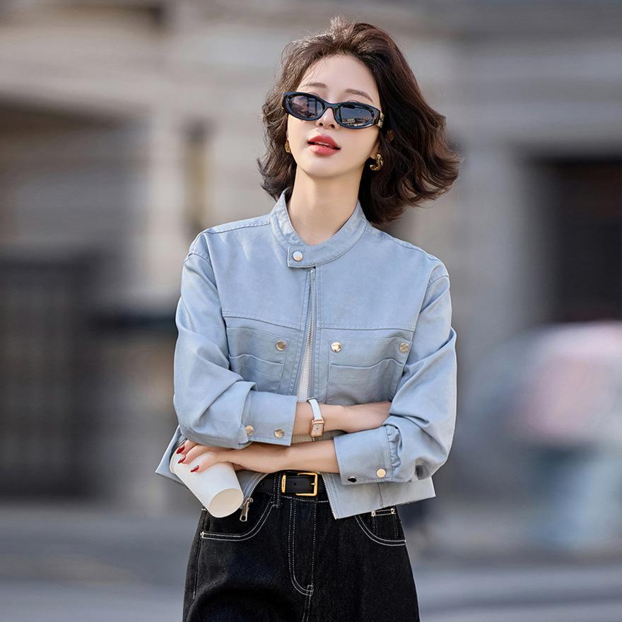 

Весна новая мода свободная большая карман кожаная куртка женская с длинным рукавом одежда локомотива тонкая универсальная куртка топ трендовый 2XL синий