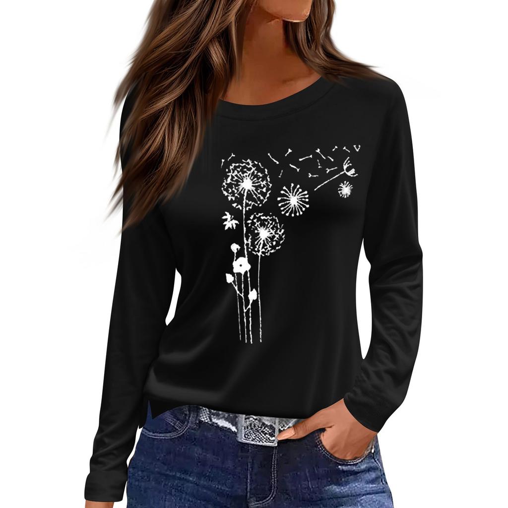 Mote Casual Langermet Trykk Rund Hals Pullover Topp Bluse for Kvinner