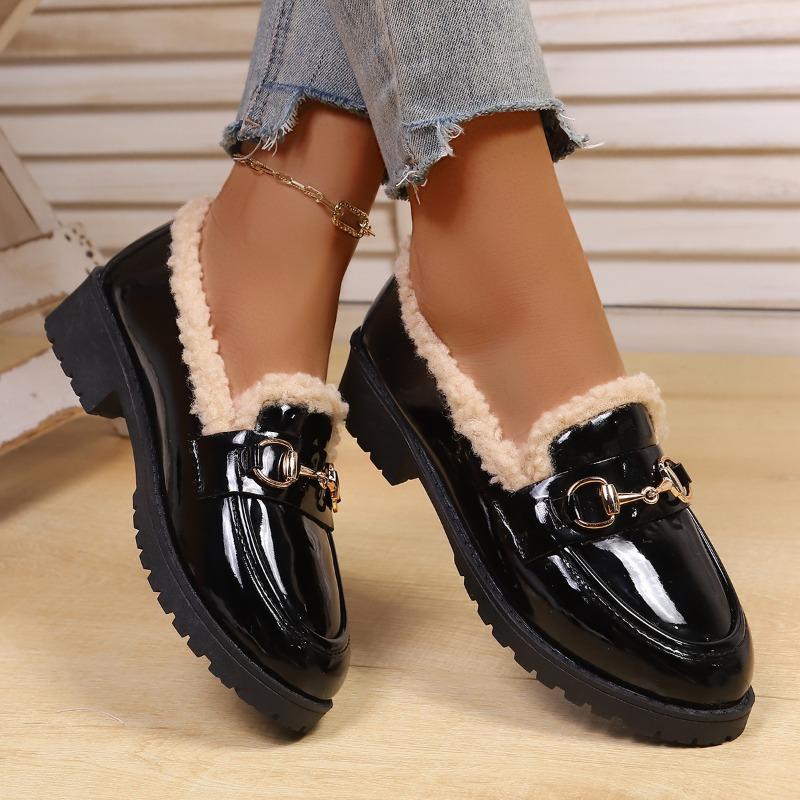 Women's Autumn British Style Leather Shoes - Low-Medium Heel, Fleece-Lined, Versatile