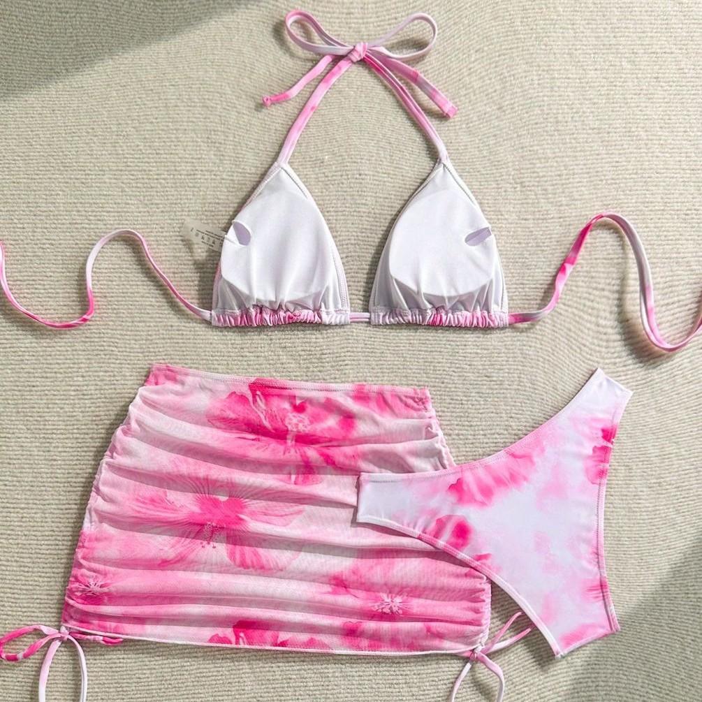 New printed split swimsuit three-piece women's blouse bikini sexy neck strap swimsuit