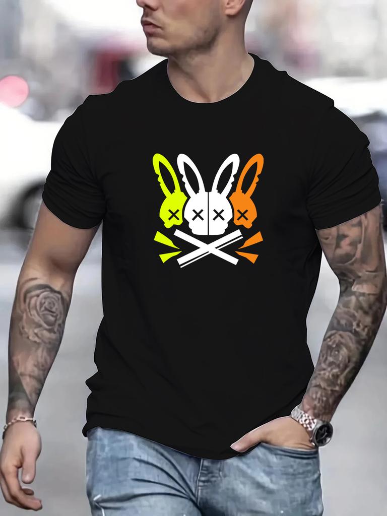 Men's 100% cotton summer loose fit large Rabbit Skull printed slim fit casual sports round neck short sleeved T-shirt
