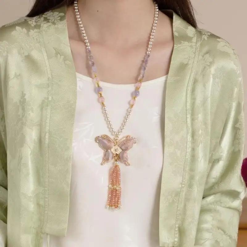 Chinese Style Embroidered Butterfly Wreath Necklace Super Fairy Tassel Pendant Horse Face Skirt Accessories