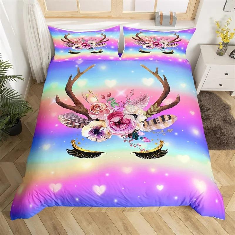 Colorful Luminous Unicorn Print Bedding Set 3D Cartoon Animal Pattern Duvet Cover Bedroom Decor With Pillowcases For Girls Gift