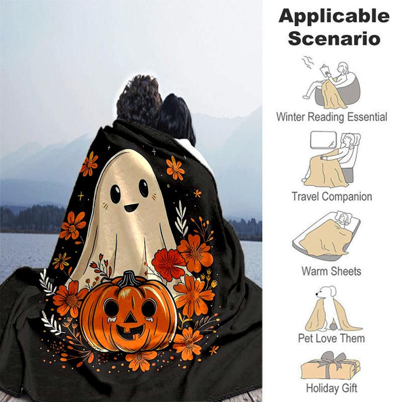 1pc Cartoon Ghost & Pumpkin Halloween Blanket  Cartoon Throw for Home Decor, Gift Idea, Room Decoration, Living Room, Travel, Camping