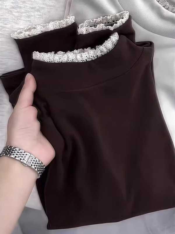 Women's French Lace Trim Plush Long-Sleeve T-shirt: Stylish, Slimming Base Layer for Autumn/Winter