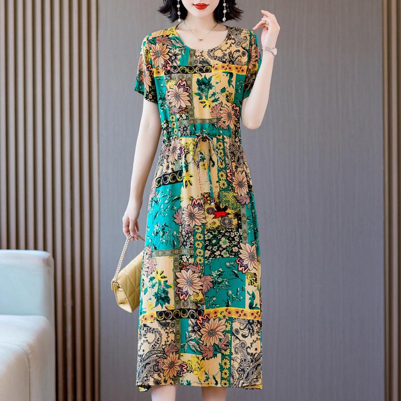 Elegant Dresses for Women  New Casual Vintage Print Long Dress Summer Short Sleeve Korean Style Female Clothing