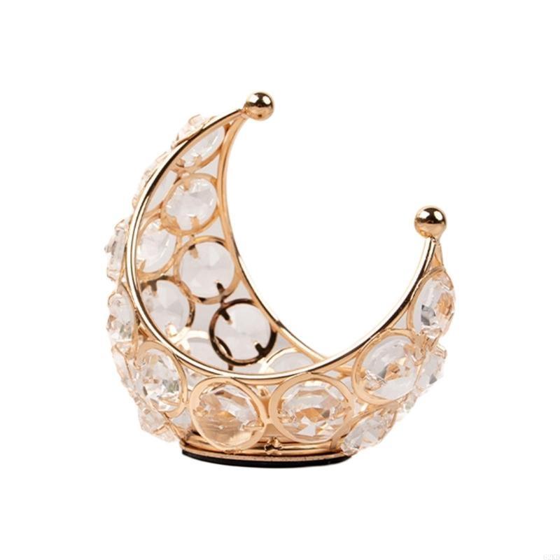 62KD Sparkling Holder with Crystal Adorned Practical Moon Candlesticks Metal Stand Pair for Dining Table