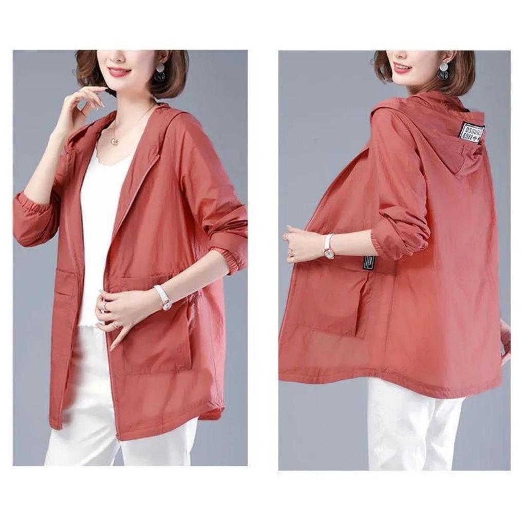 Women's Long Plus Size Hooded UV Resistant Jacket with Pockets