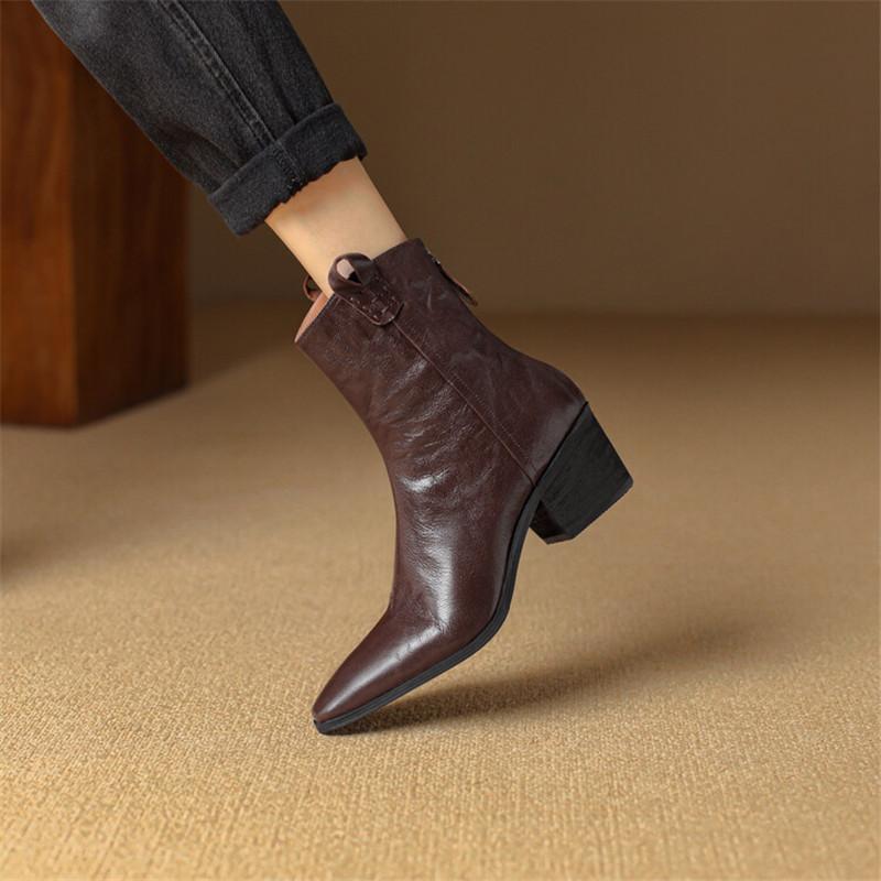 Fashion New Autumn Sheep Leather Women Boots Fashion Square Toe Western Boots for Women Chunky Heel Short Boots Botines Mujer High Heels