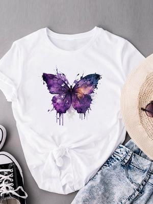 (Asian Size) Women's Top Trend Butterfly Cute 90s Fashion T Clothing Print Female Casual  Short Sleeve T-shirts Graphic Tee