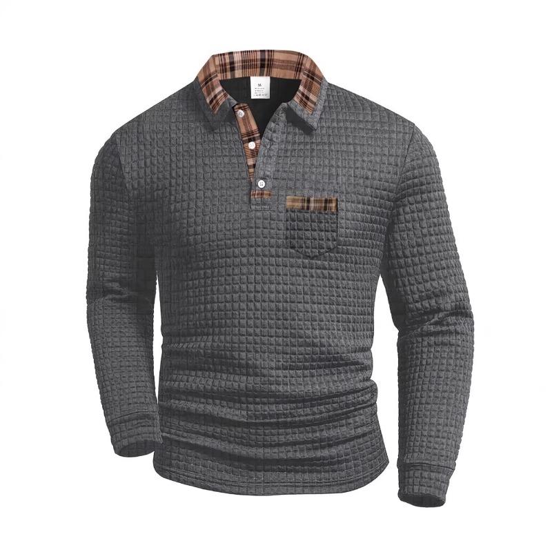 

Мужская повседневная серая вафельная рубашка-поло с клетчатой отделкой, длинный рукав, осень S серый