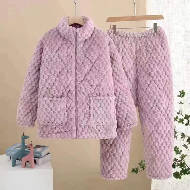Three-Layer Fleece-Lined Quilted Winter Pajama Set for Elderly Women - Warm Coral Fleece Home Wear & Outerwear
