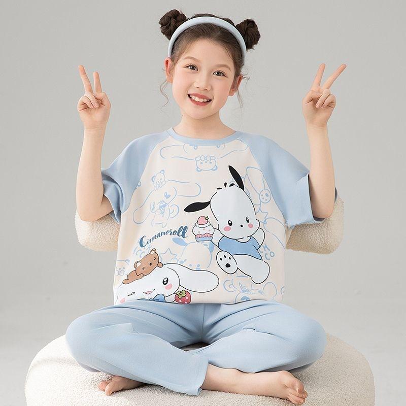 Girls Cotton Pajama Set Short Sleeve Long Pants Cartoon Print Sleepwear Kids Ages 4-12