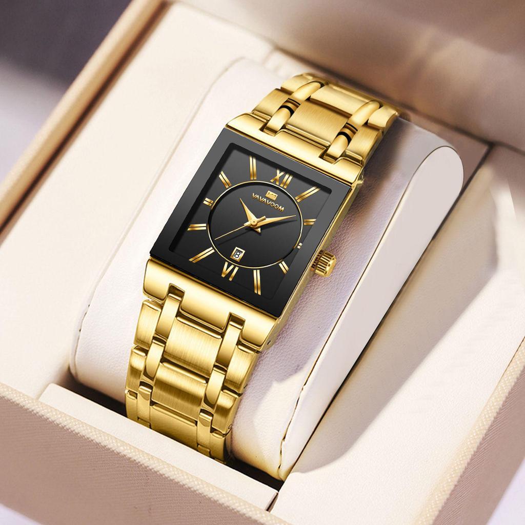 Men's Black Gold Quartz Waterproof Wristwatch with Steel Band