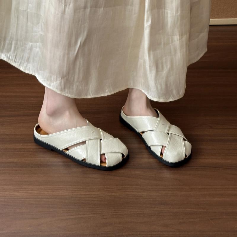 

Cutout Woven Soft Sole Cool Drag Women Summer New Square Toe Shallow Mouth Breathable Non-Slip Non-Slip Roman Flats 35