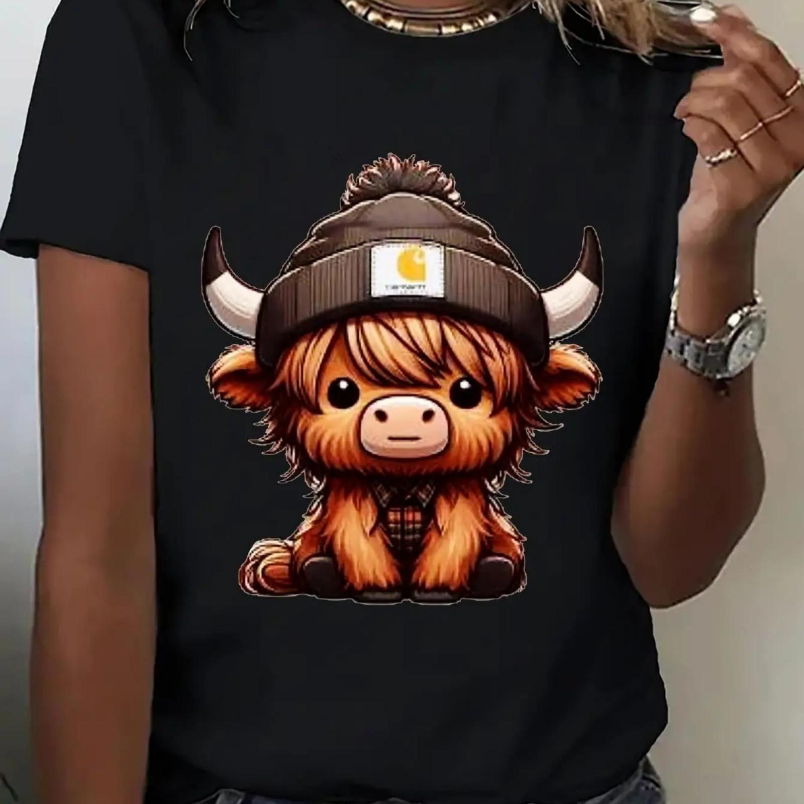 

Women s Fashion Casual Sports T-Shirt, Cute Cartoon Cow Print, Round Neck, Polyester, Stretch Knit Fabric, All Seasons, Ladies L XXXXXL різнокольоровий