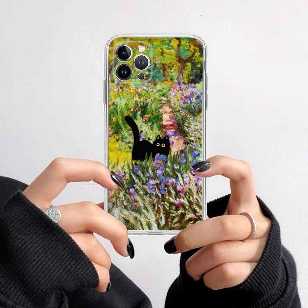 Cartoon Animal Black Cat Oil Painting Phone Case for iPhone 16 15 8 7 6 6S Plus X SE XR XS 14 11 12 13 Mini Pro Max Mobile Case
