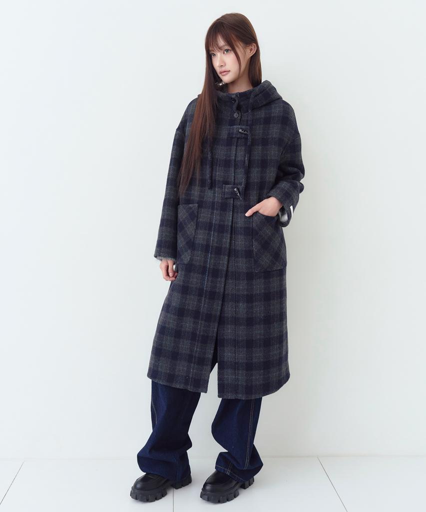 THE GREEN LAB Check Hooded Duffle Long Coat [Navy Check]