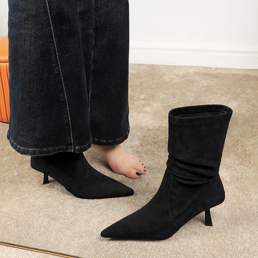 Woman High Heel Boots Suede Autumn Versatile Medium Tube Short Boots Woman Elastic Suede Pointed Pleated Boots