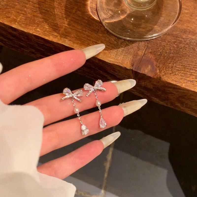 French Zirconia Bow Tassel Earrings: Light Luxury, Unique Design, Versatile Style